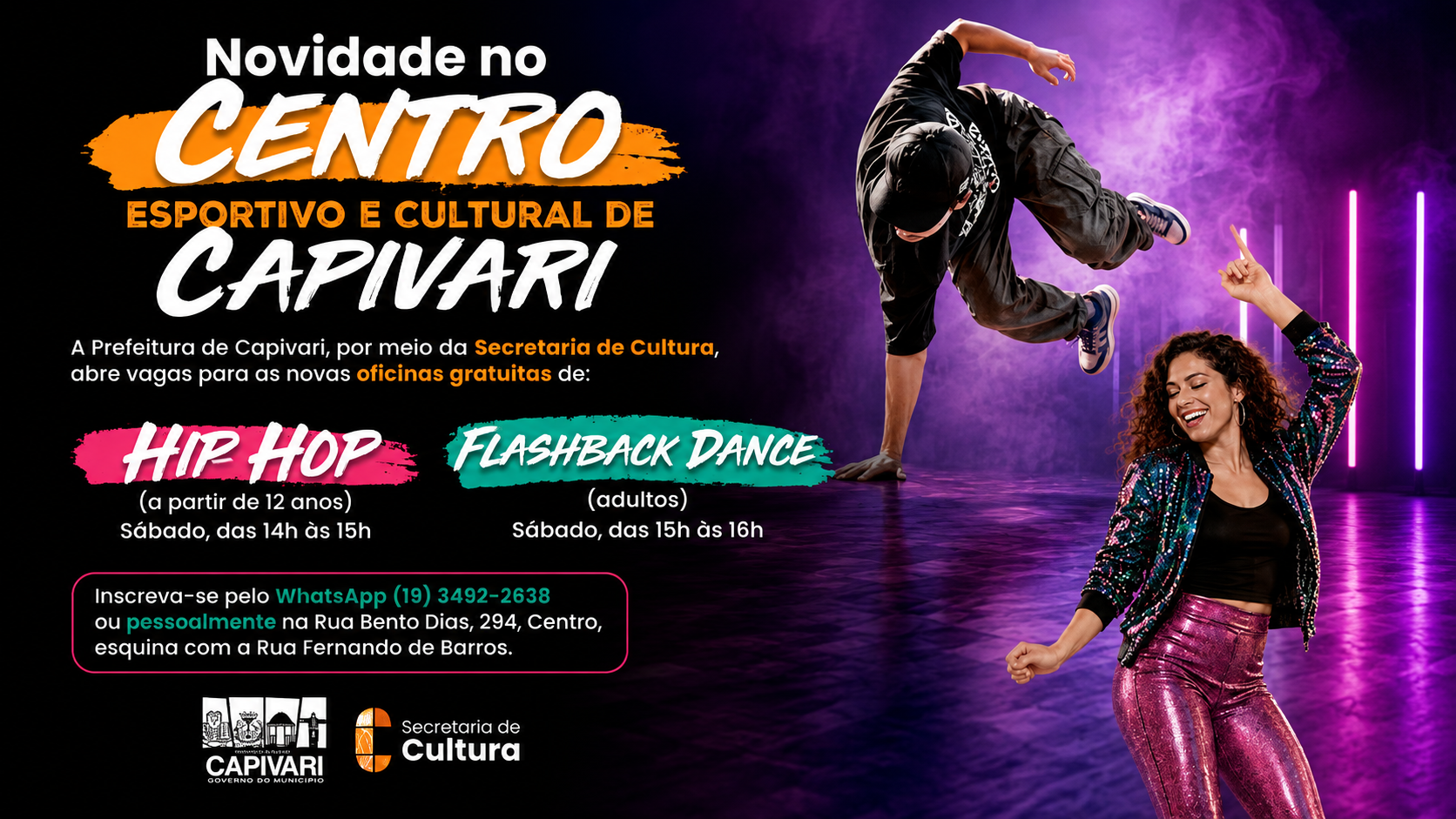 Duas novas oficinas gratuitas de hip-hop e flashback dance são oferecidas aos sábados em Capivari